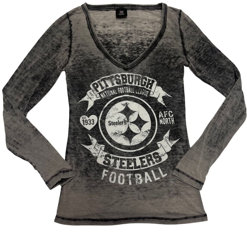NFL Team Apparel Pittsburgh Steelers Gray Burnout V-Neck Long Sleeve Shirt M